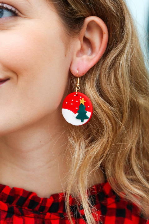 Red Christmas Tree Snow Round Clay Earrings