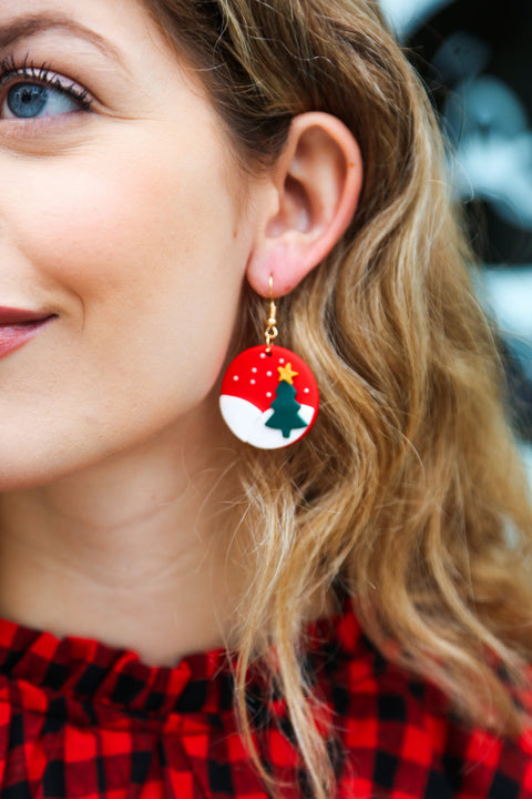 Red Christmas Tree Snow Round Clay Earrings