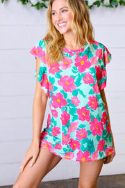 Mint & Fuchsia Floral Ruffle Sleeve Top