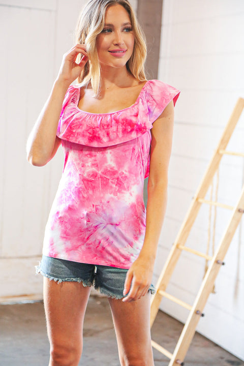 Fuchsia Square Neck Ruffle Tie Dye Tank Top