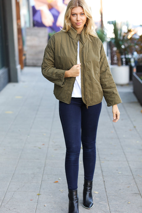 City Streets Olive Cotton Quilted Zip Up Jacket