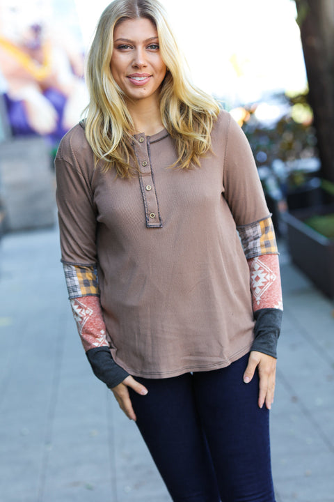 All For You Taupe Thermal Button Down Colorblock Top