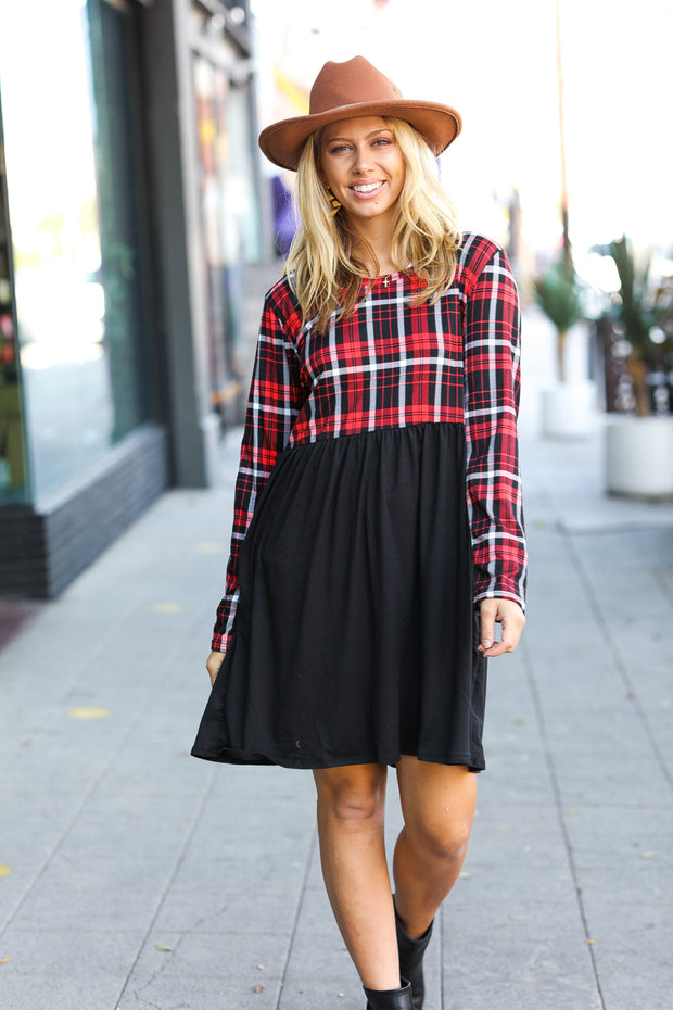 Holiday Plaid Twofer Babydoll Dress