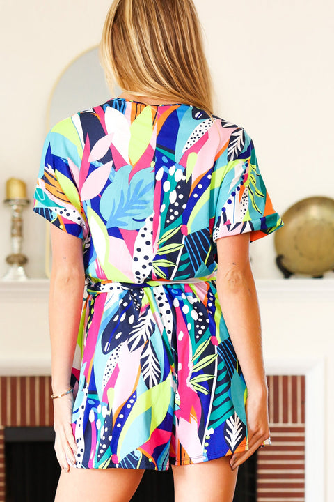 Tropical Vibes Multicolor Tropical Print Surplice Tie Waist Romper