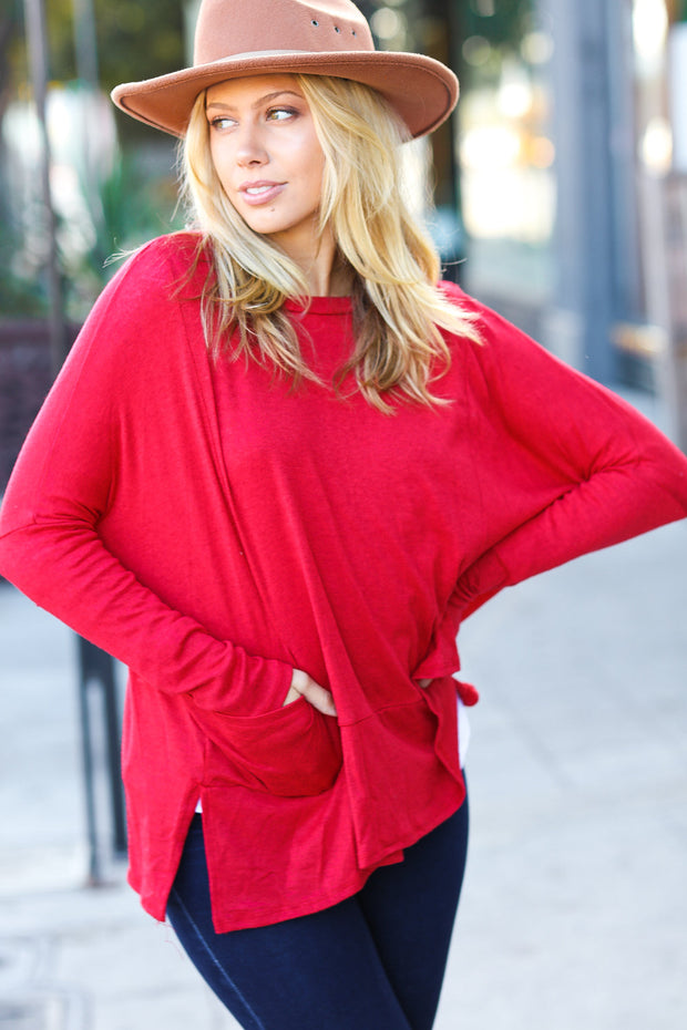 Going My Way Red Hacci Dolman Pocketed Sweater Top