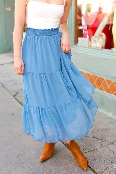 Look of Love Denim Blue Smocked Waist Tiered Chiffon Skirt