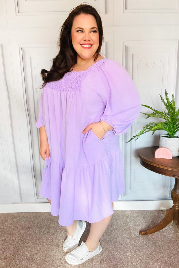 Love Found Lilac Square Neck Smocked Dress