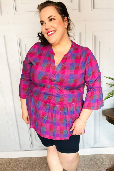 Back To Basics Fuchsia Plaid Notched Neck Babydoll Top