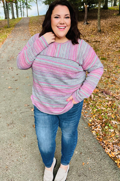 On The Run Magenta Multicolor Vintage Textured Knit Top