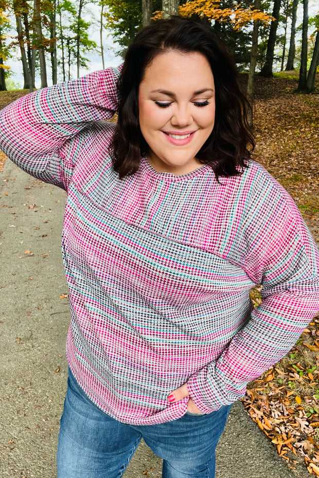 On The Run Magenta Multicolor Vintage Textured Knit Top