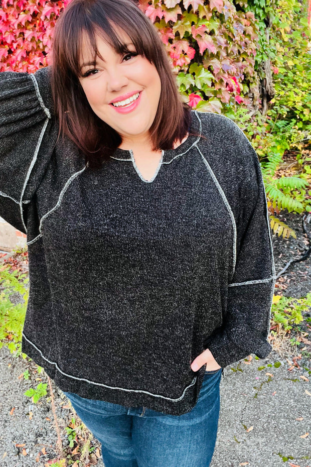 Weekend Ready Charcoal Two Tone Knit Notched Neck Raglan Top