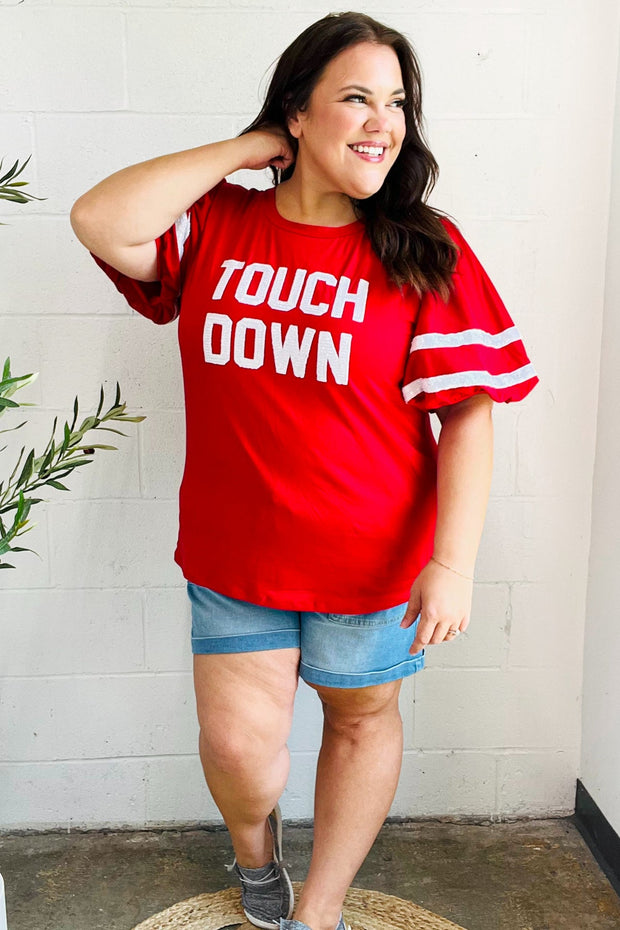 Stand Out Red "TOUCHDOWN" Sequin Bubble Sleeve Game Day Top