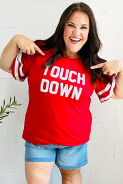 Stand Out Red "TOUCHDOWN" Sequin Bubble Sleeve Game Day Top