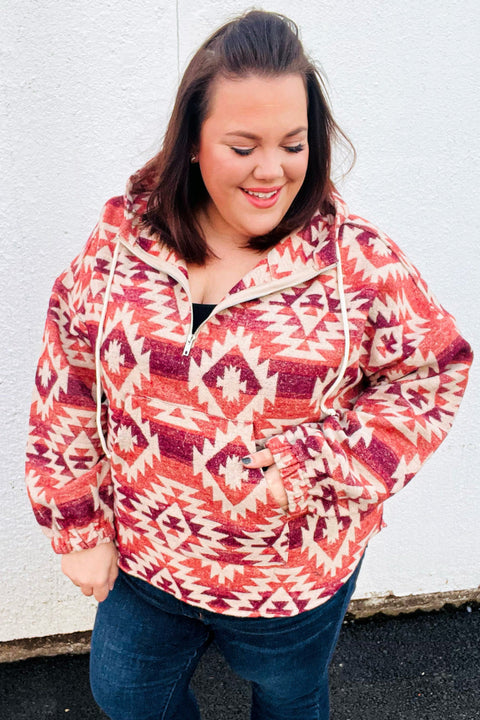 Fall For You Rust & Burgundy Aztec Half Zip High Neck Hoodie