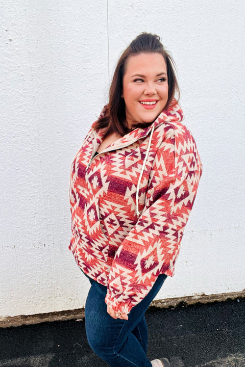 Fall For You Rust & Burgundy Aztec Half Zip High Neck Hoodie