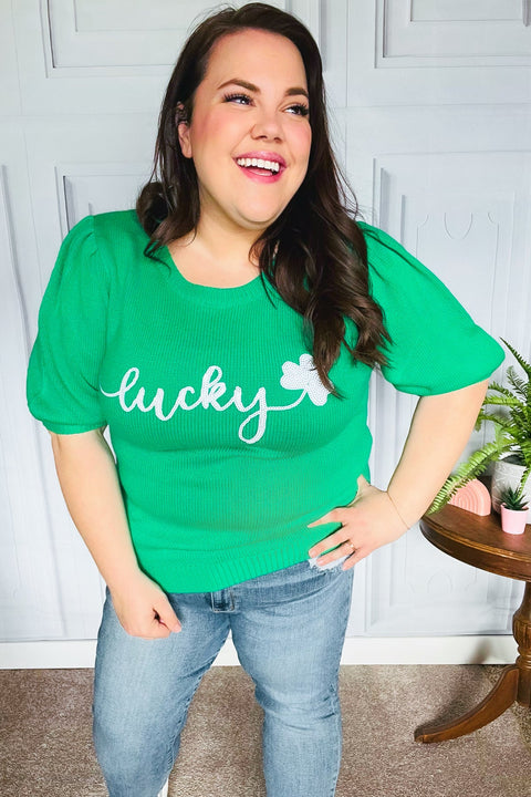 Lucky Lady Shamrock Green Sequin Puff Sleeve Knit Top