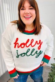 Hohoho Red & Green "Holly Jolly" Lurex Embroidered Sweater