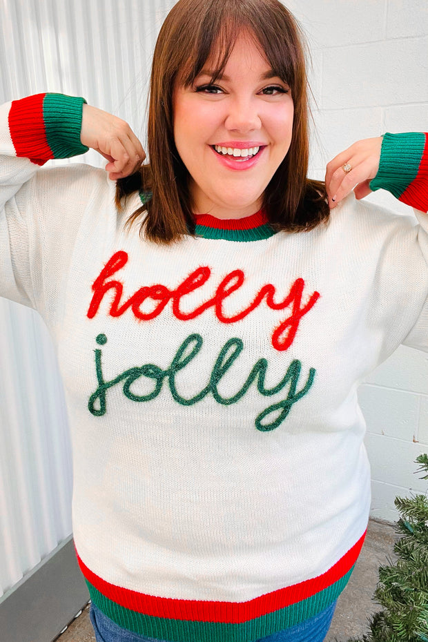 Hohoho Red & Green "Holly Jolly" Lurex Embroidered Sweater