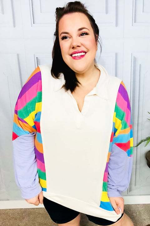 Feeling Bold Lilac Multicolor Stripe Collared V Neck Pullover