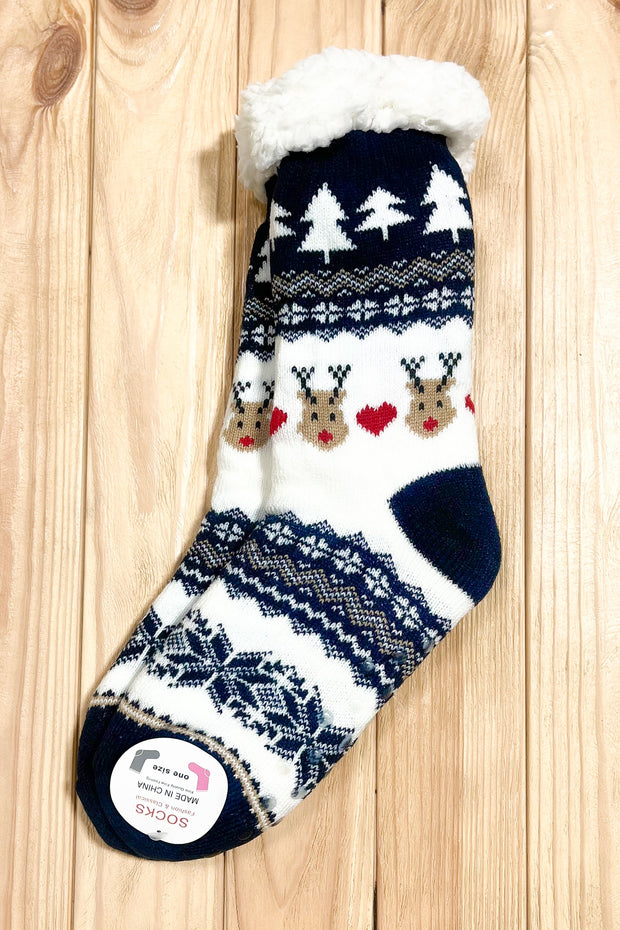 Navy Heart Reindeer Sherpa Traction Bottom Slipper Socks