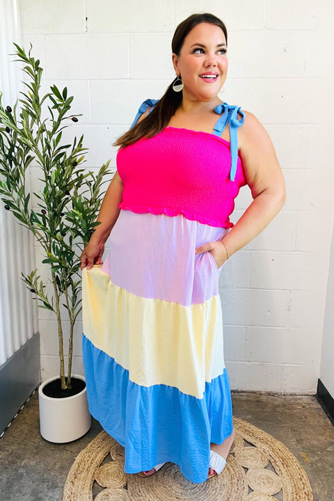 Vacay Vibes Hot Pink & Blue Smocked Color Block Maxi Dress