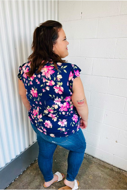 Navy & Pink Floral Print Frilled Short Sleeve Yoke Top