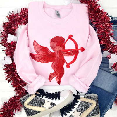 PREORDER: Sequin Patch Cupid Sweatshirt on Pink