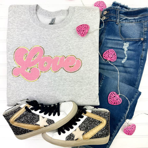 PREORDER: Chenille Patch Love Sweatshirt on Grey